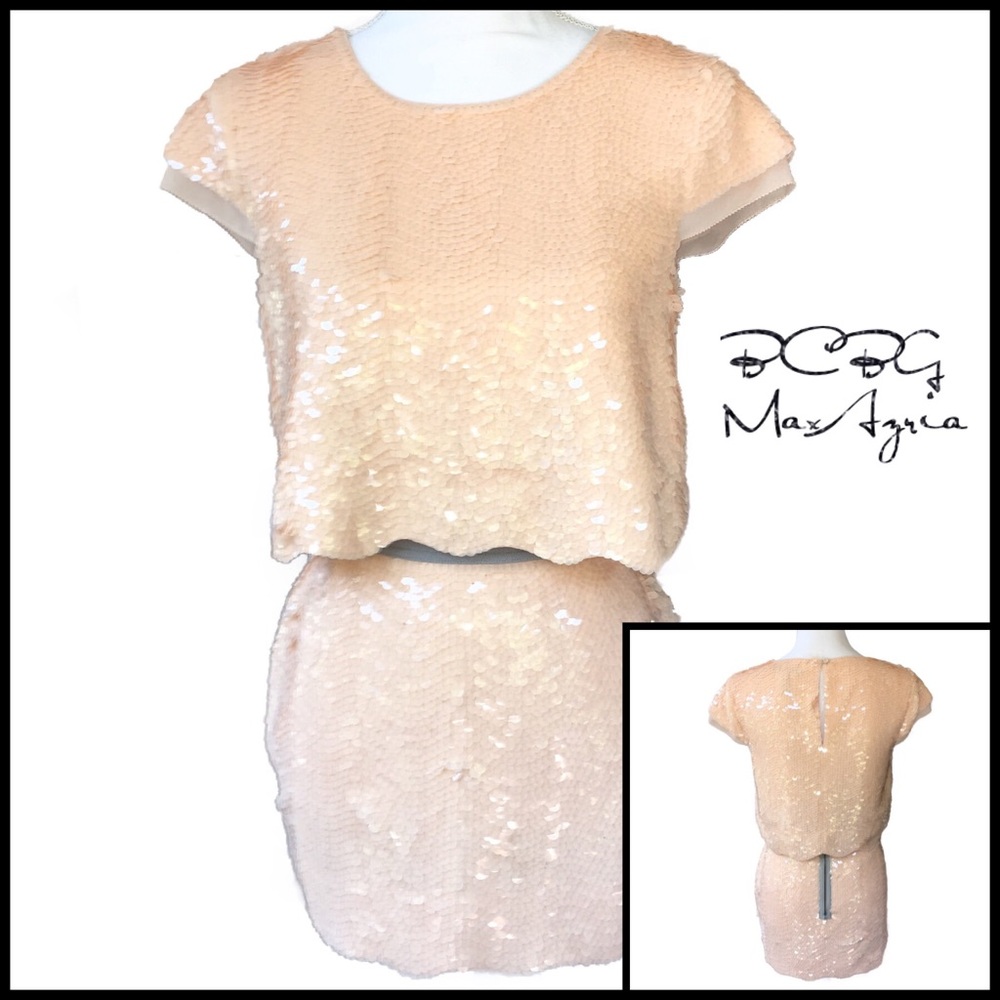 BCBGMaxAzria Peach Sequin Tiered Top & Skirt XXS